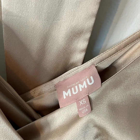 Show Me Your Mumu Samantha Ruffle Wrap Style Satin Dress Champagne Gold Sz XS - Picture 6 of 13